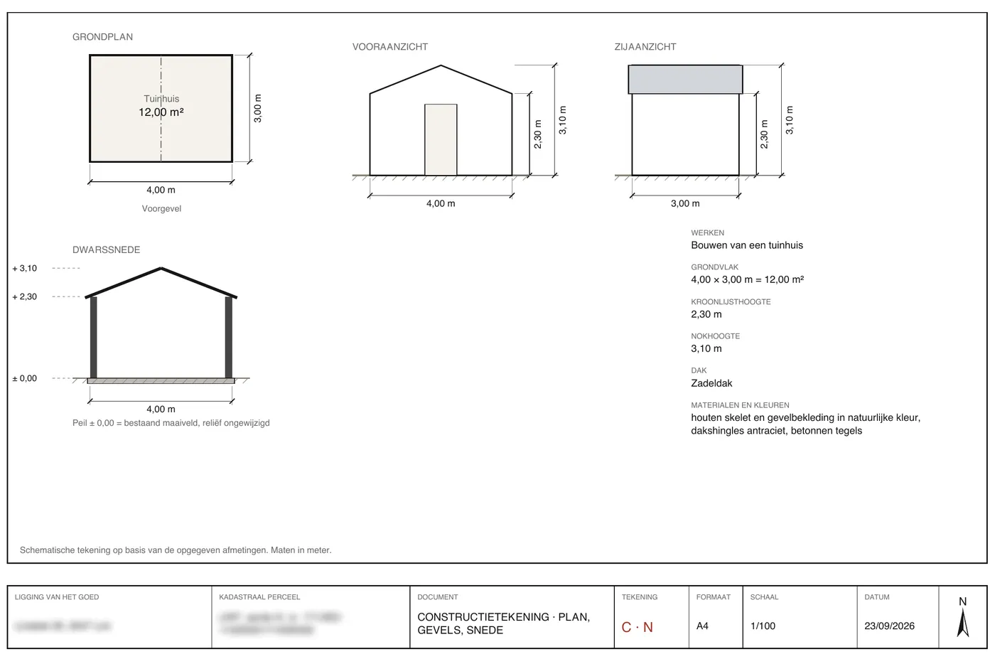 Constructietekening: grondplan, gevels en snede met maten